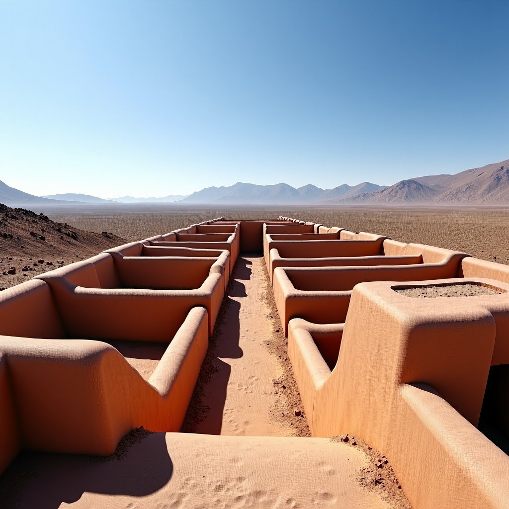 Wide landscape of Chan Chan archaeological zone in Peru, massive adobe walls, desert surroundings, clear sky, high contrast, 4:3