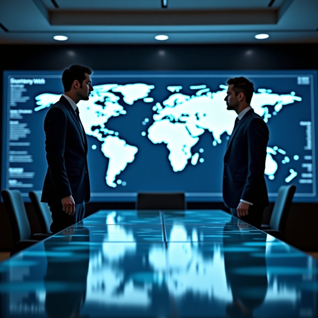 A high-tech dimly lit strategic meeting room with holographic displays showing global maps and AI data nodes. In the foreground, a professional man in a military uniform and a tech executive in a casual blazer are standing at opposite ends of a large glass table, looking at each other with intense focus. Cinematic lighting, high contrast, modern defense technology atmosphere, 4:3.