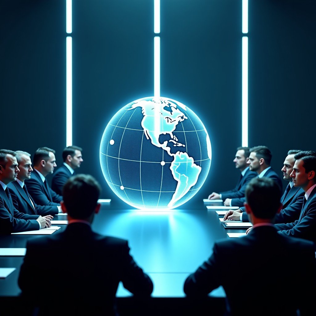 A cinematic shot of a modern high-tech boardroom with a digital holographic globe in the center and military uniforms and business suits around the table, dramatic lighting, high contrast, no text, 4:3