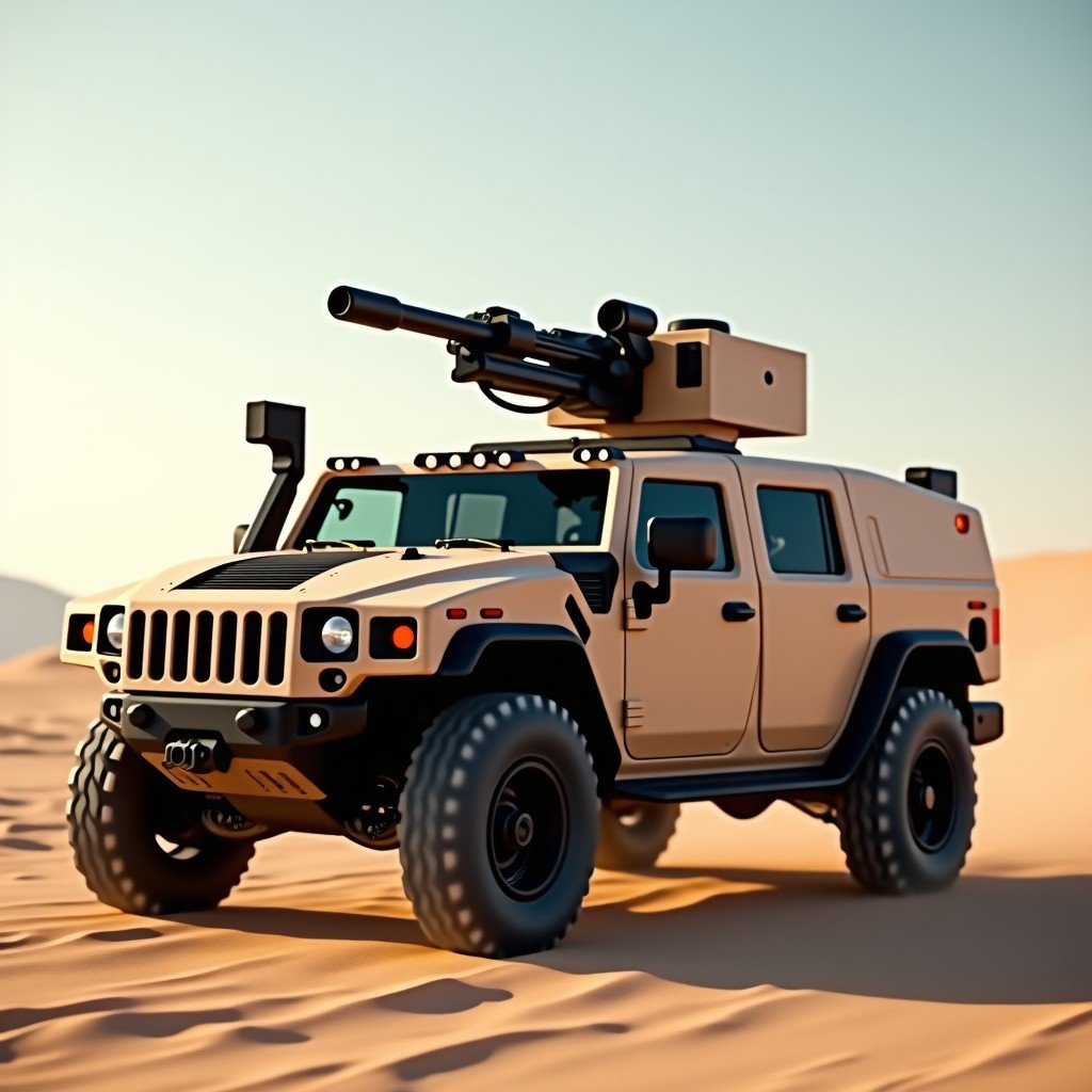 A modern military high-energy laser weapon system mounted on a tactical vehicle positioned in a desert environment. The laser beam is invisible but the equipment is sophisticated with sensors and lenses. Realistic military technology photography. 1:1