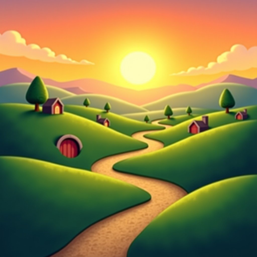 Peaceful Shire landscape with round hobbit holes, lush green hills, warm orange sunset sky, idyllic village scenery, 1:1