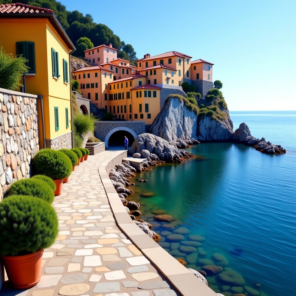 A serene Mediterranean coastal village in Italy or Greece, stone pathways, clear blue sea, classic architecture, warm natural lighting, 4:3
