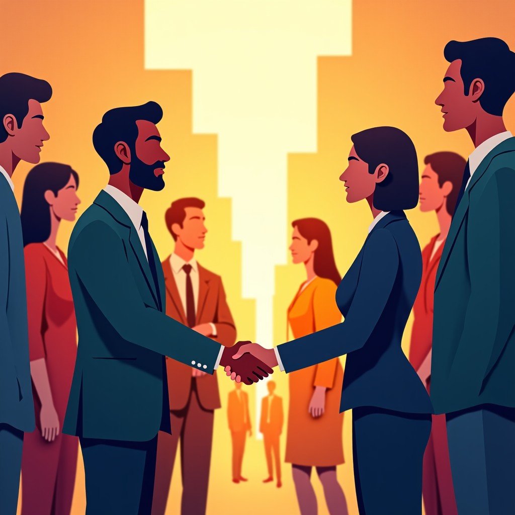 An artistic illustration showing diverse people shaking hands and collaborating in a modern city environment. Representing unity and respect. Warm and textured background. 4:3