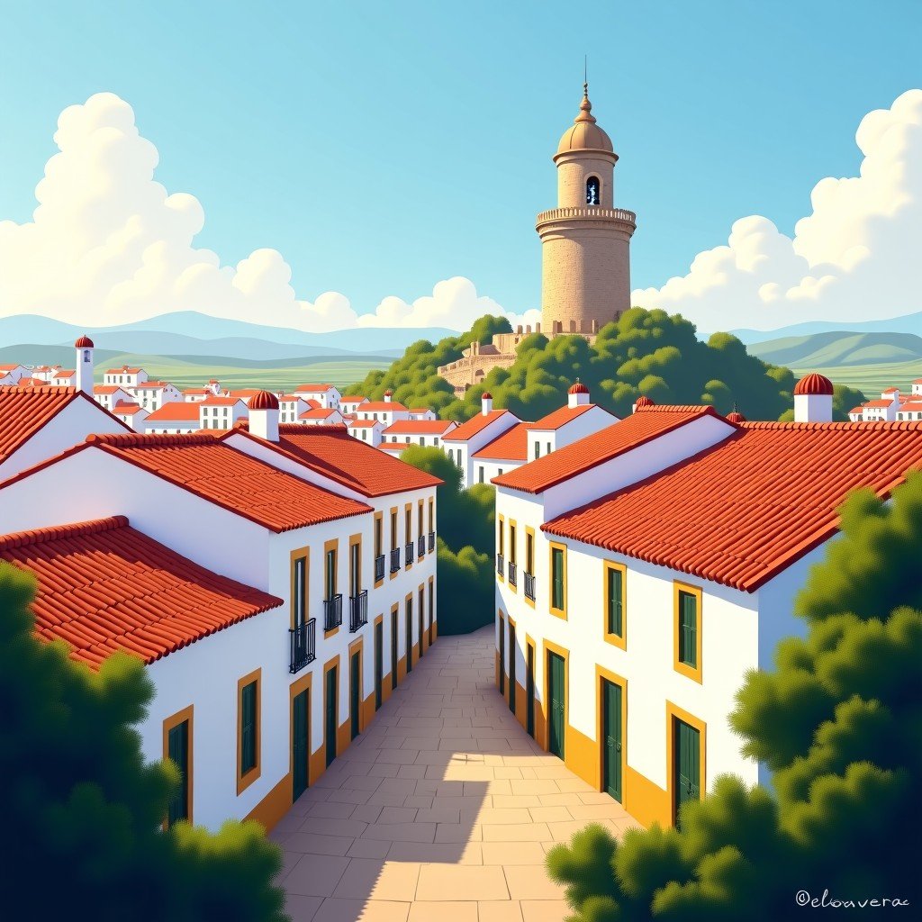 A panoramic view of the Historic Centre of Évora in Portugal, showing white-washed houses with yellow accents, terracotta roofs, and the ancient stone Roman Temple of Évora in the center. Artistic rendering with soft warm lighting and a clear blue sky. 4:3
