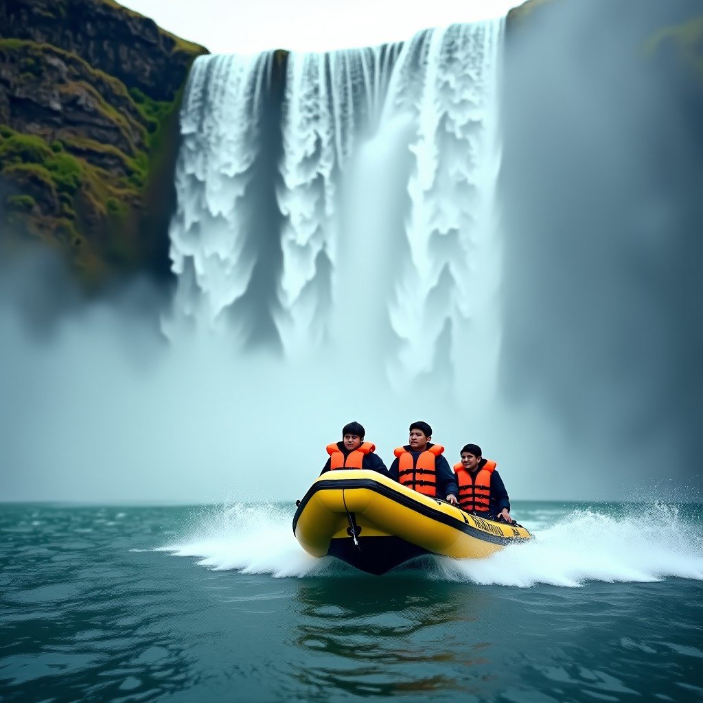Action shot of a yellow inflatable speedboat filled with tourists in orange life jackets approaching the base of a massive waterfall, heavy white mist and splashing water, dynamic perspective, realistic photography, 4:3