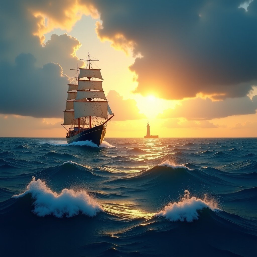 A sturdy ship sailing through a slightly choppy but manageable sea with a lighthouse in the distance. Symbolic of navigating financial volatility. Dramatic sky with golden light breaking through clouds. 4:3