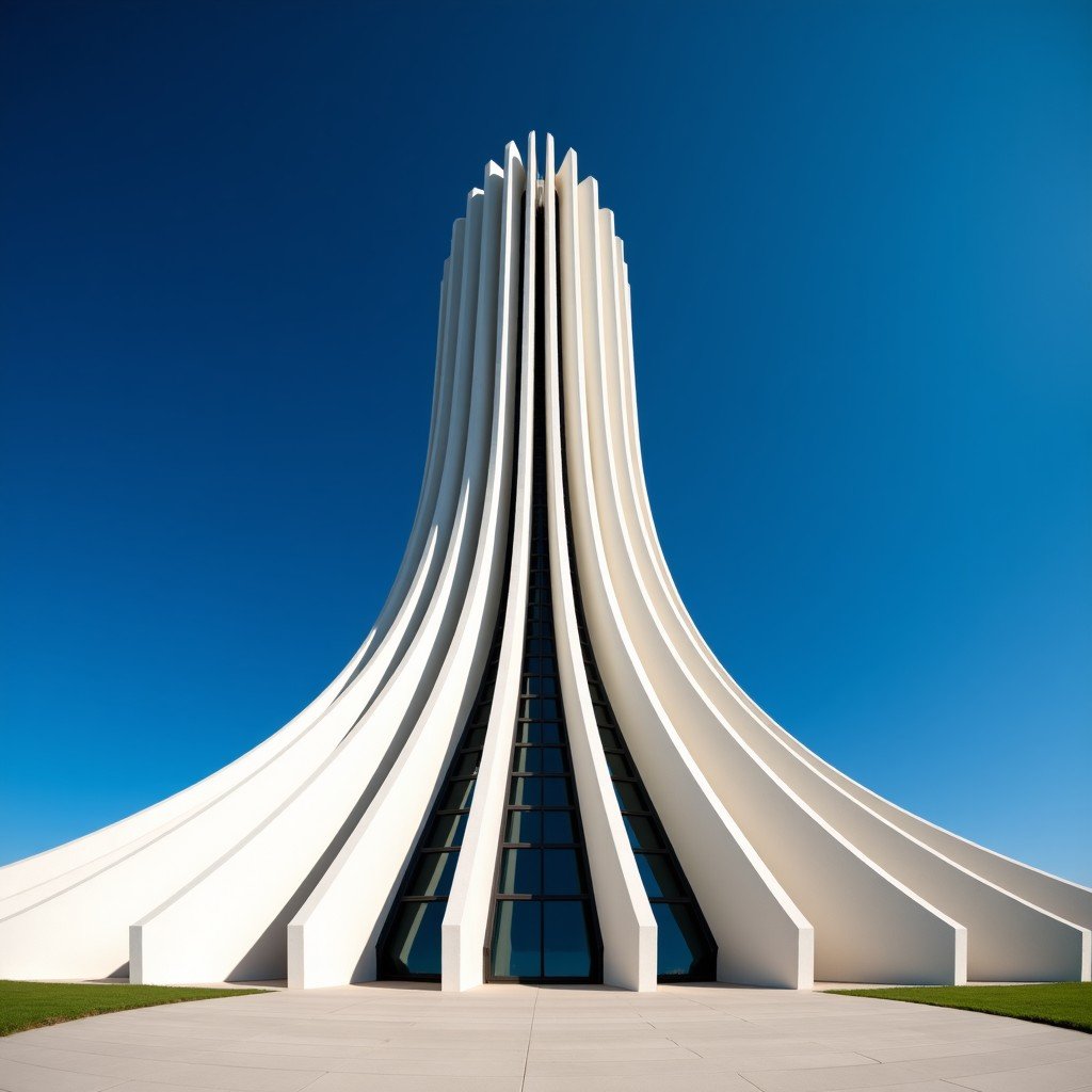 Modernist architecture of the Cathedral of Brasilia, iconic white concrete structure with curved columns reaching toward the sky under a bright blue sky, wide angle shot, high contrast, 4:3
