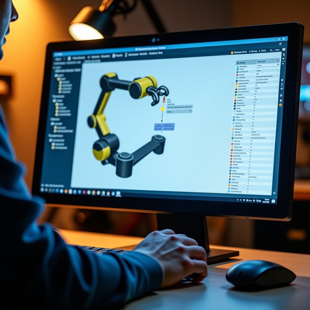 A cinematic shot of a computer screen displaying a complex robotic control software named Flowstate. A person's hand is visible using a mouse to drag and drop functional blocks. Warm lighting in a modern engineering lab. 4:3
