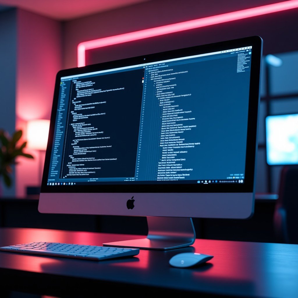A high-tech digital workspace showing a sleek computer monitor with a split screen displaying complex code on one side and a professional UI design canvas on the other side. The background is a modern dark-themed office with soft neon accents. No text. 4:3