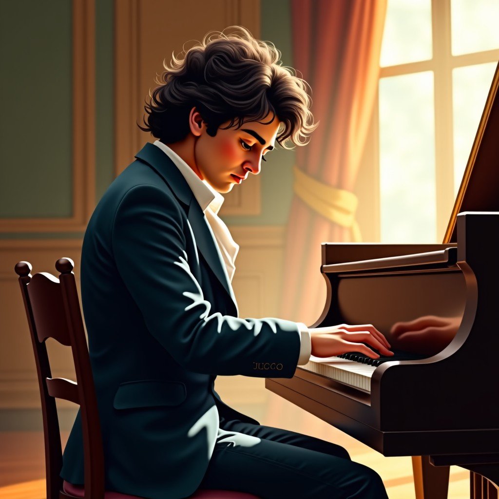 A realistic oil painting of a young Ludwig van Beethoven playing a 19th-century fortepiano in a sunlit Viennese music salon. He looks focused and passionate, with messy dark hair. The room is filled with classical furniture and warm light. No text. 4:3