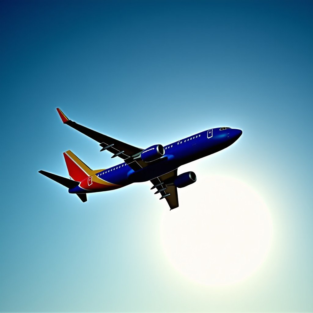 A Southwest Airlines Boeing 737 taking off into a clear blue sky with soft sunlight, cinematic lighting, high resolution, realistic aviation photography, 4:3