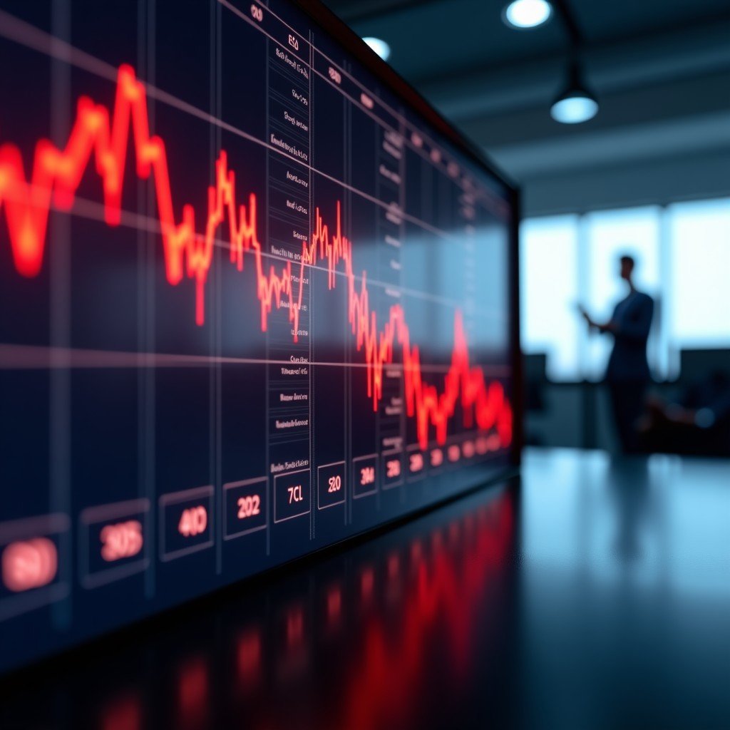 A professional digital stock market display showing a sharp downward trend in tech stocks with red glowing lines and numbers. Modern financial office environment in the background with a futuristic feel. No text on screen. 4:3
