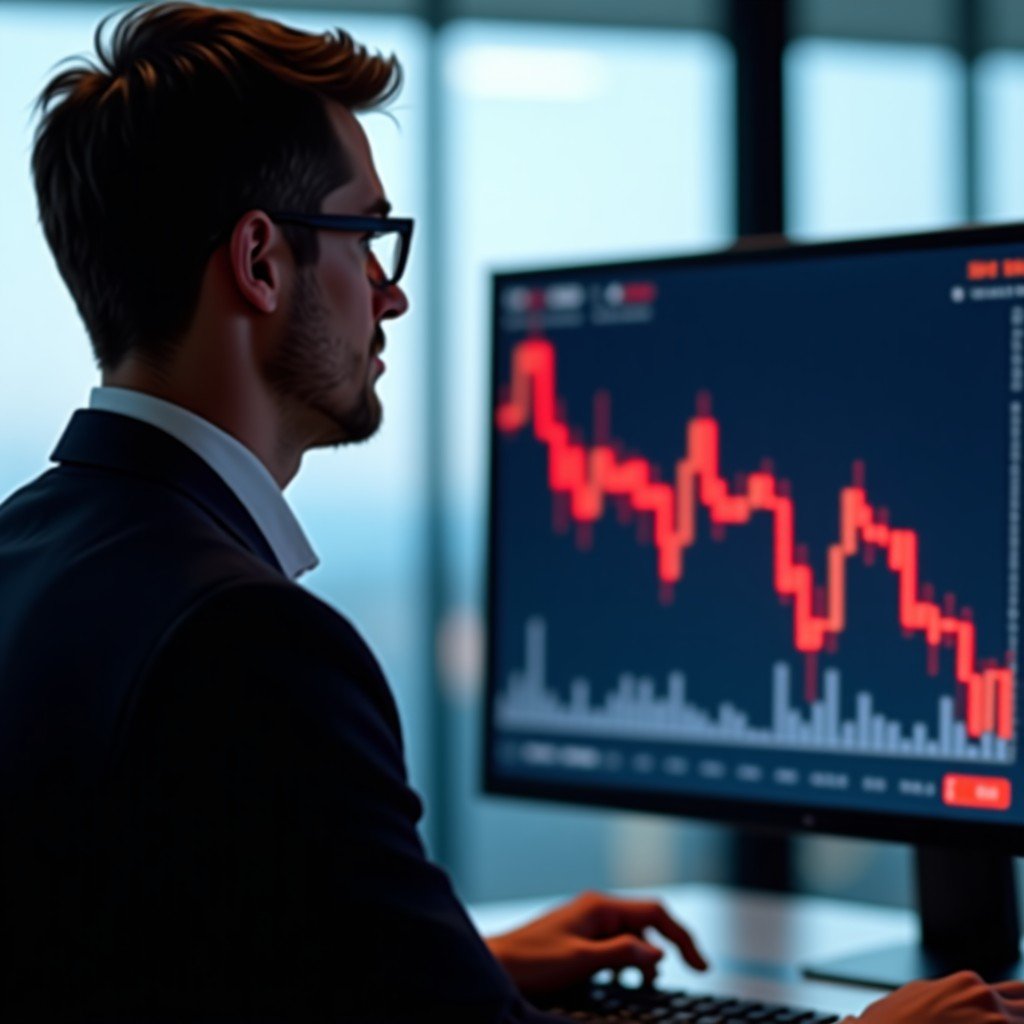A professional digital screen displaying a downward trending Bitcoin price chart with red candlesticks. A person in professional attire is looking at the screen with a focused and serious expression in a modern office setting. High contrast, cinematic lighting, 4:3