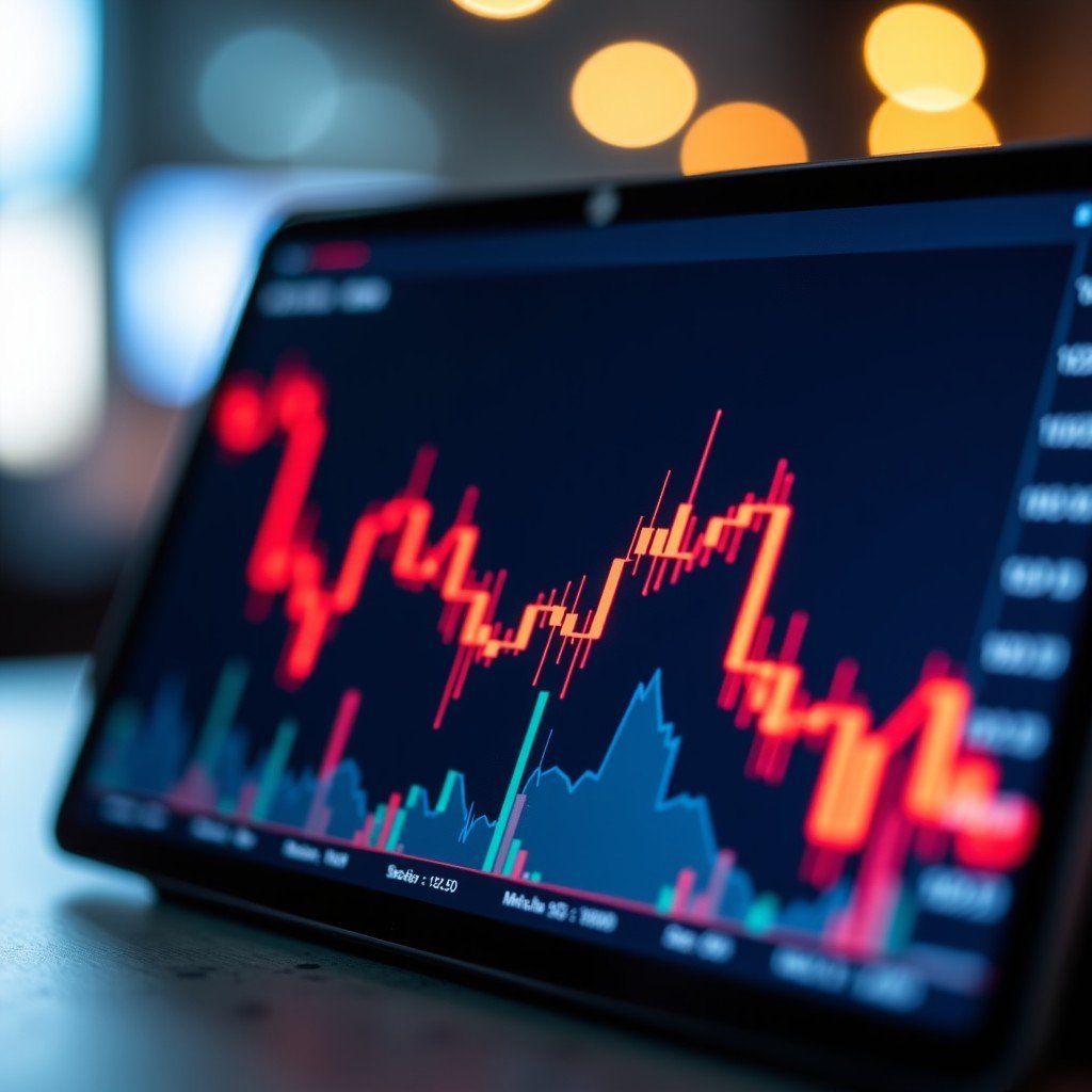 A close-up of a tablet screen displaying a red downward-sloping stock market candle chart with a blurred financial district background, 4:3