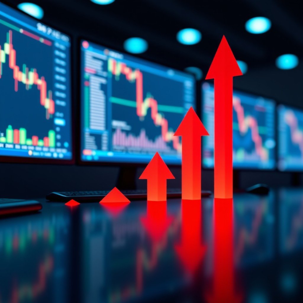 A professional financial trading floor with multiple monitors showing stock charts and red downward arrows representing a market sell-off. 1:1