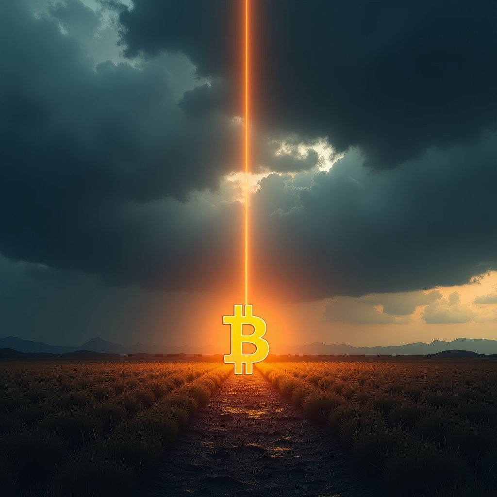 A landscape where a dark stormy sky is clearing up, and a bright ray of sunlight is hitting a digital Bitcoin symbol on the ground. Realistic style, cinematic composition, emotional lighting, 1:1
