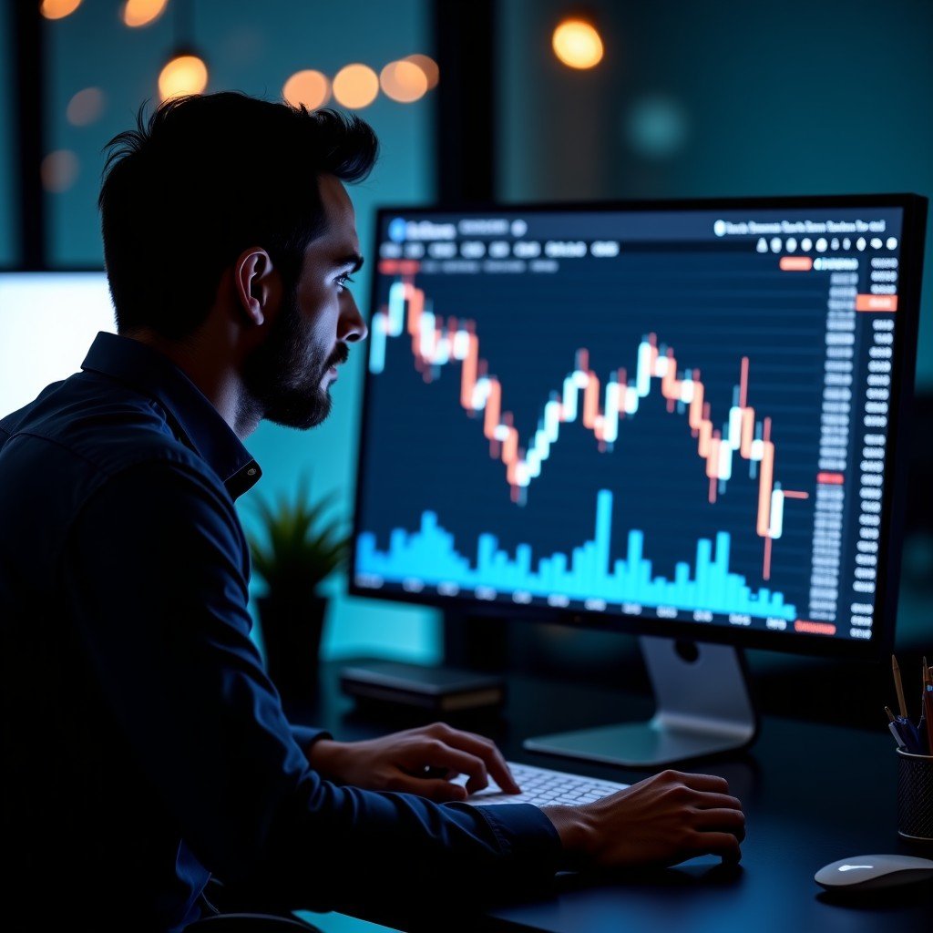 A professional investor looking at a computer screen showing a downward trending Bitcoin chart in a modern dark office, digital currency symbols, focused atmosphere, cinematic lighting, 4:3