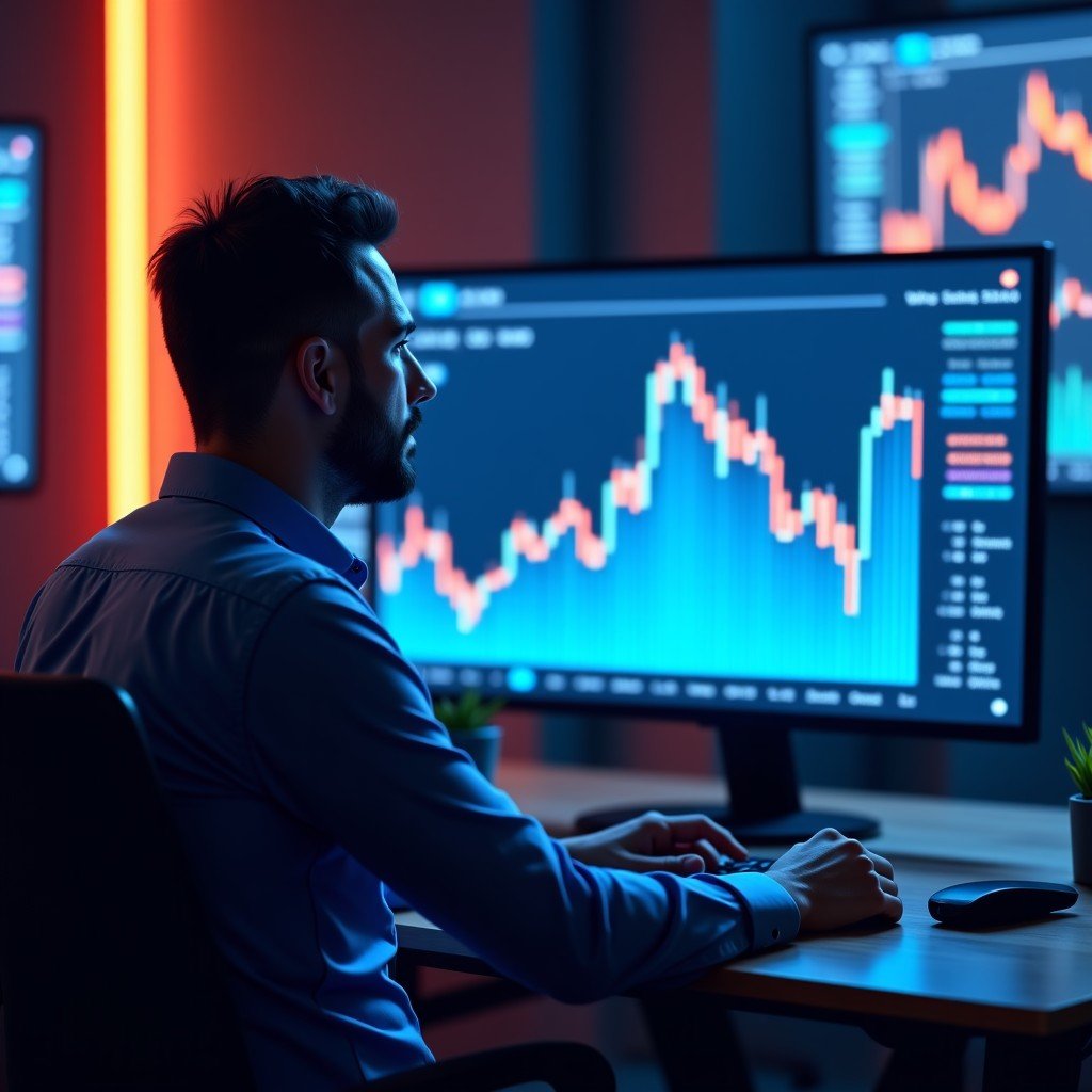 A professional investor looking at a large digital screen displaying a sharp downward trend of a Bitcoin price chart in a modern financial office with cool blue and red lighting, 4:3