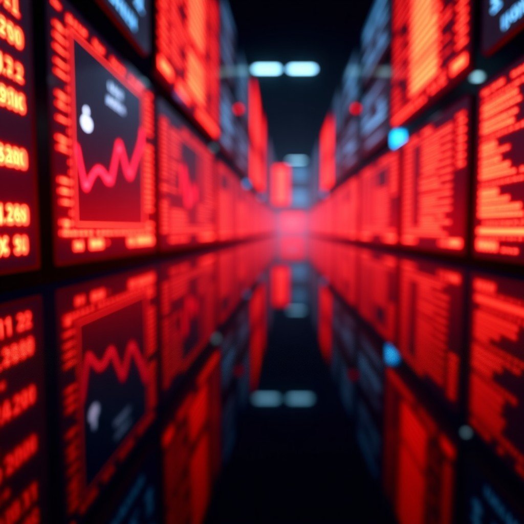 A close-up of a financial trading floor with multiple screens displaying red stock market tickers and downward arrows. The reflections on the glass surfaces create a sense of urgency and instability in the global economy. 4:3