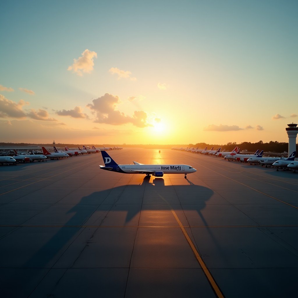 Aerial view of Jose Marti International Airport in Havana Cuba with several international airplanes on the tarmac under a clear sky cinematic lighting 4:3