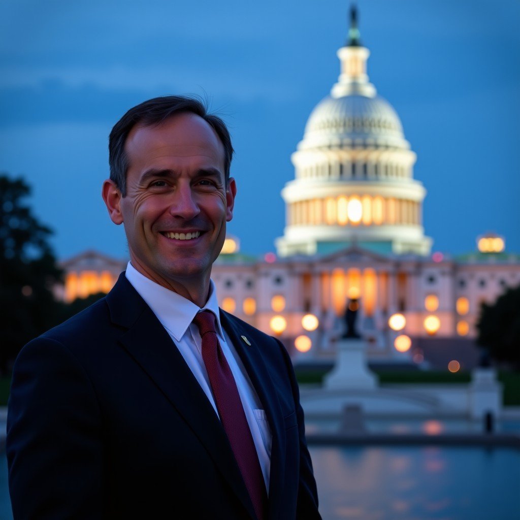 A professional portrait of Howard Lutnick against the backdrop of the US Capitol Building, modern legal and political atmosphere, high contrast, cinematic lighting, 4:3