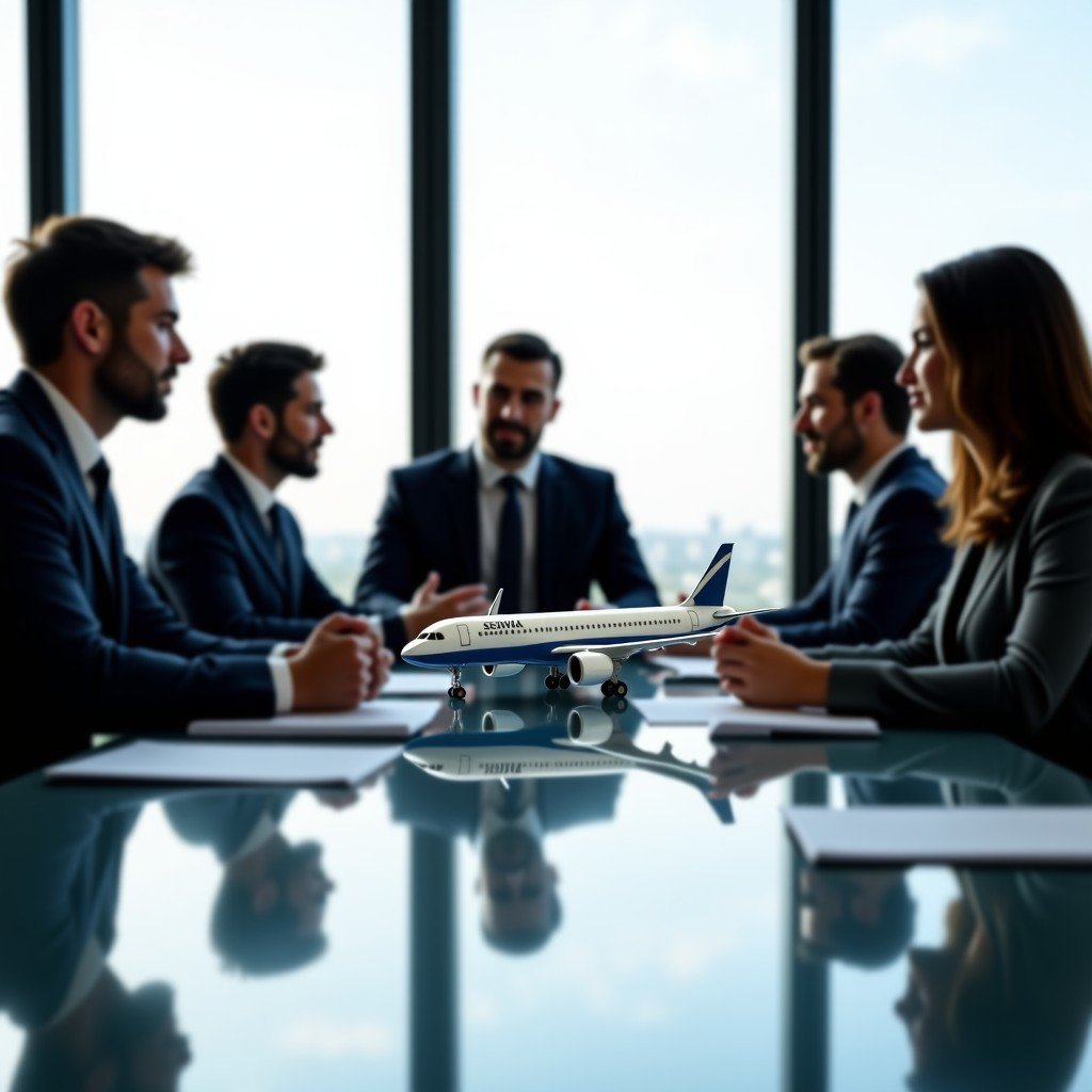 Professional business executives in a modern boardroom discussing aviation strategy with airplane models on the table, natural light, 4:3