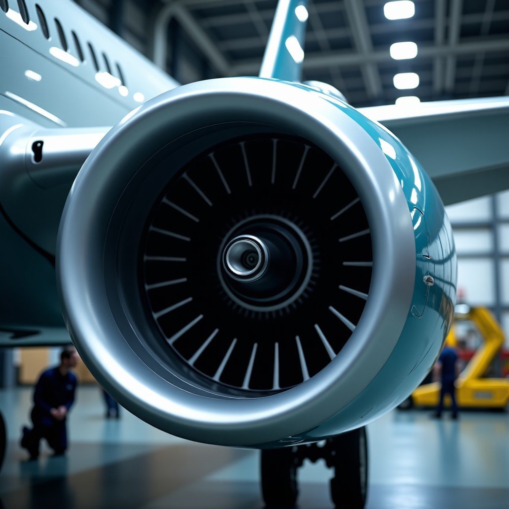 Close-up of a jet engine being inspected by technicians in a high-tech hangar, industrial atmosphere, professional lighting, realistic textures, 4:3