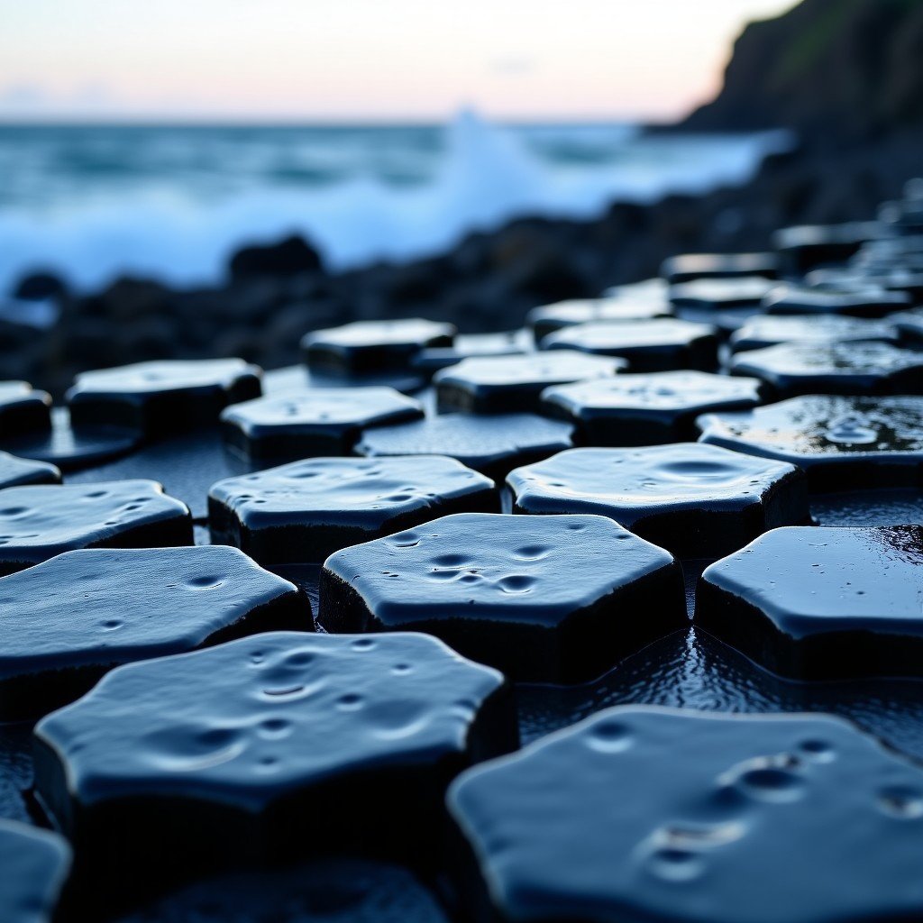 Close-up photography of hexagonal basalt stepping stones at Giant's Causeway, wet stone surface reflecting natural light, ocean waves crashing in the background, realistic texture of volcanic rock, 4:3