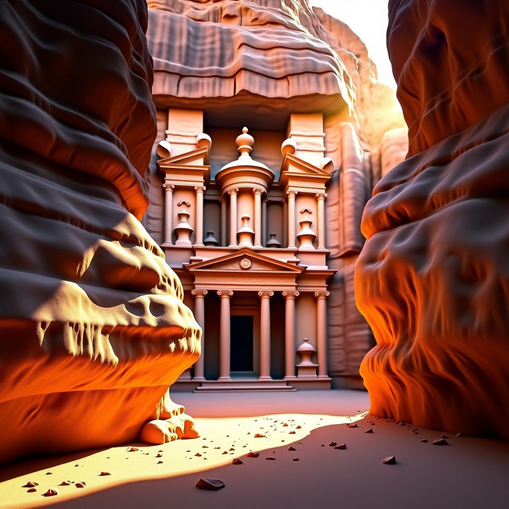 The Treasury Al-Khazneh in Petra Jordan, magnificent rock-cut architecture, golden morning sunlight hitting the facade, detailed carvings, 4:3
