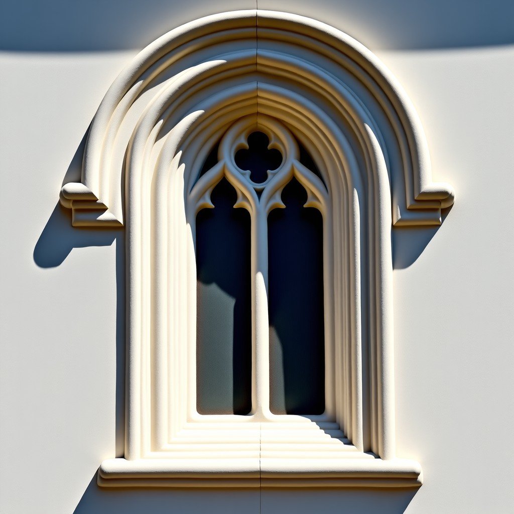 Close-up of the white marble exterior of the Church of the Virgin at Studenica Monastery, intricate stone carvings around a window, Romanesque and Byzantine architectural details, bright natural lighting, high contrast, 4:3