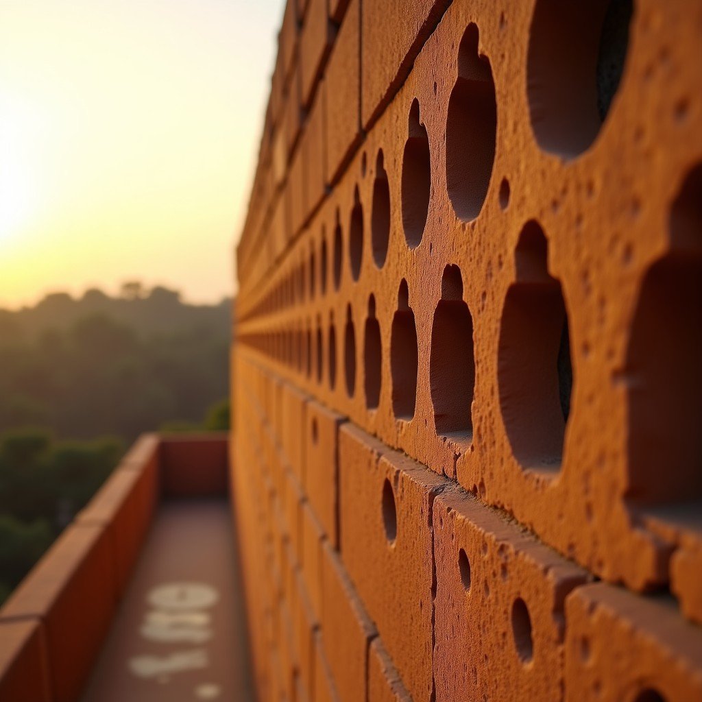 Close-up of the textured mud-brick walls of Bahla Fort, showing the intricate construction and ancient patterns, warm golden hour sunlight, artistic rendering, 4:3
