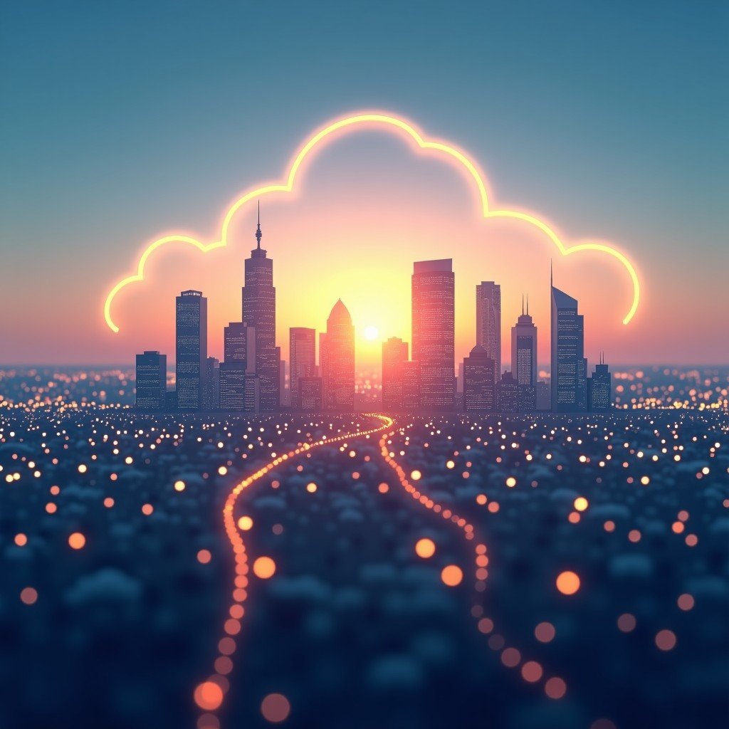 A modern city skyline with digital holographic overlays representing cloud computing and data flows. Clean and professional corporate atmosphere during golden hour. 4:3
