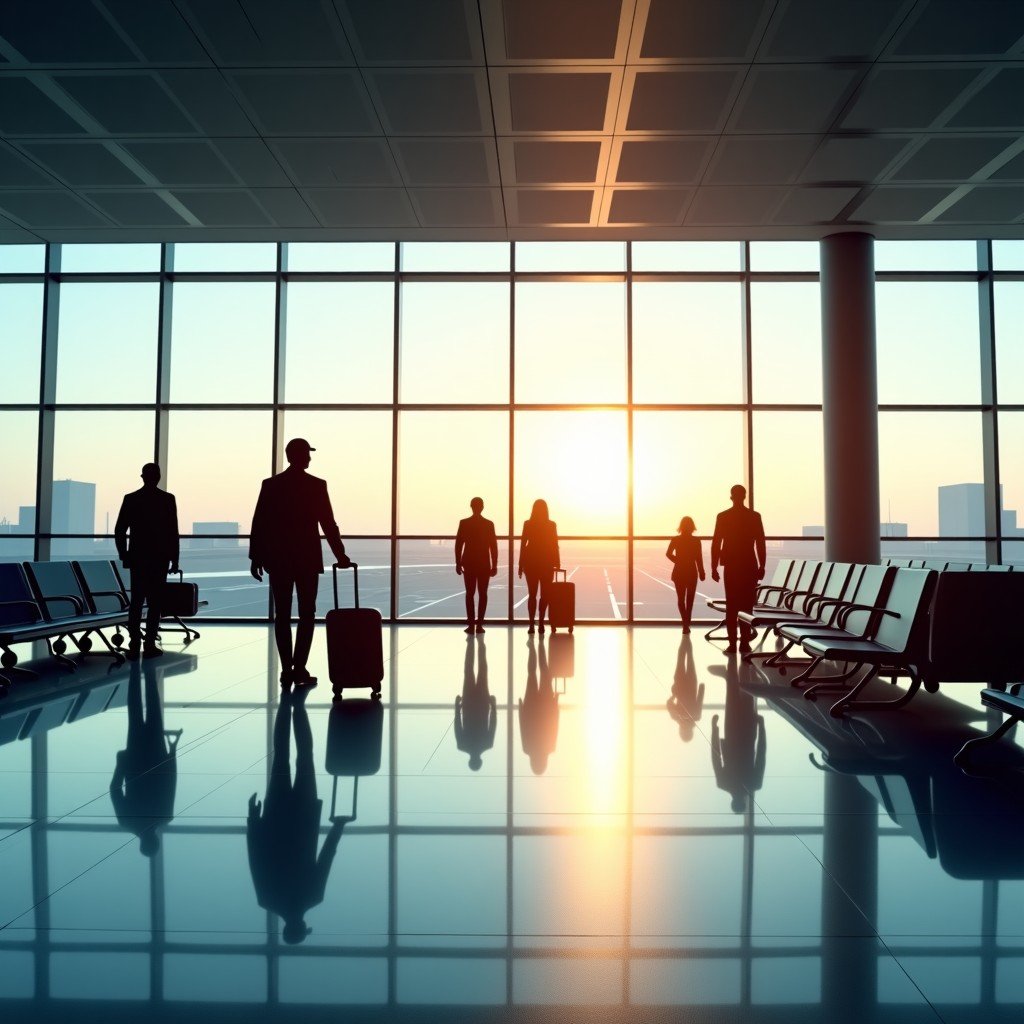Modern airport terminal interior with passengers walking through a spacious hall, natural sunlight streaming through large windows, clean architectural design, lifestyle photography, 4:3