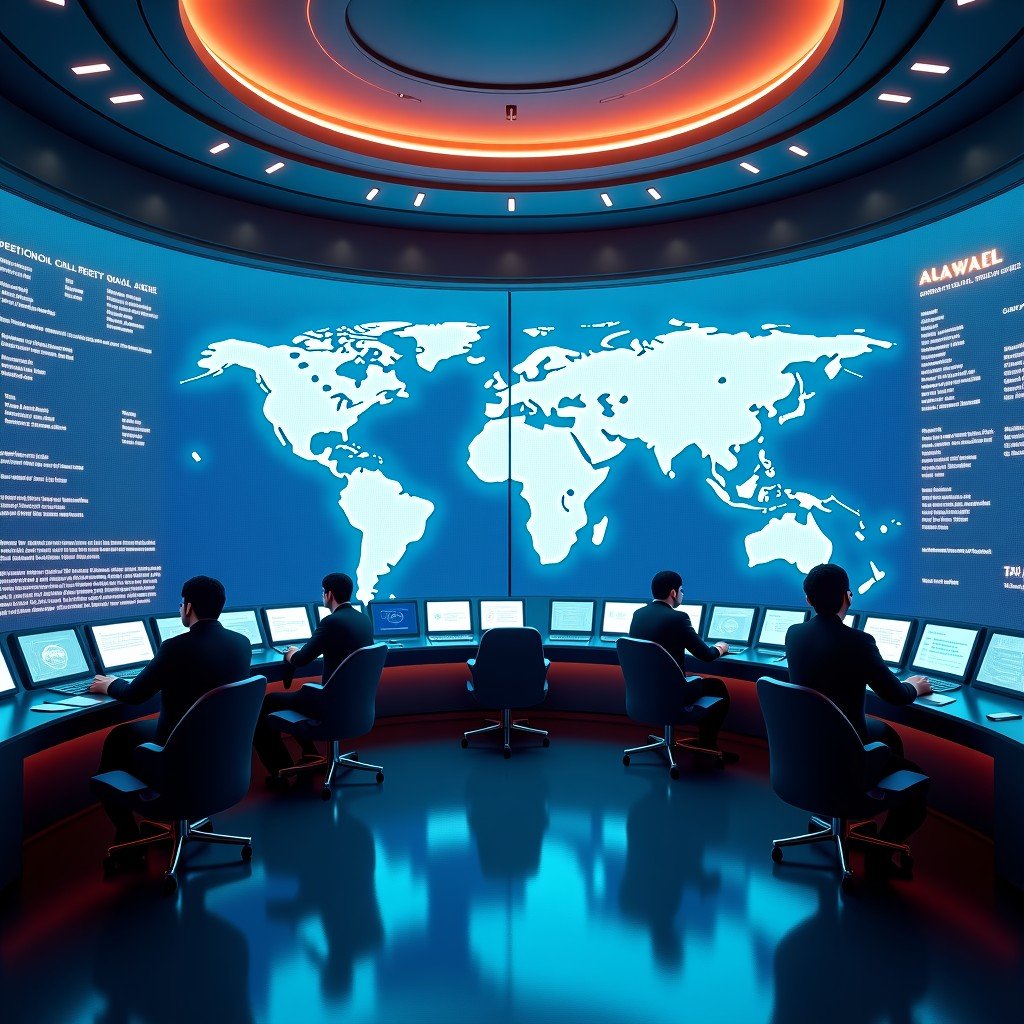 A futuristic command center with holographic displays showing global maps and data points, no people, high-tech atmosphere, metallic and neon lighting, 4:3