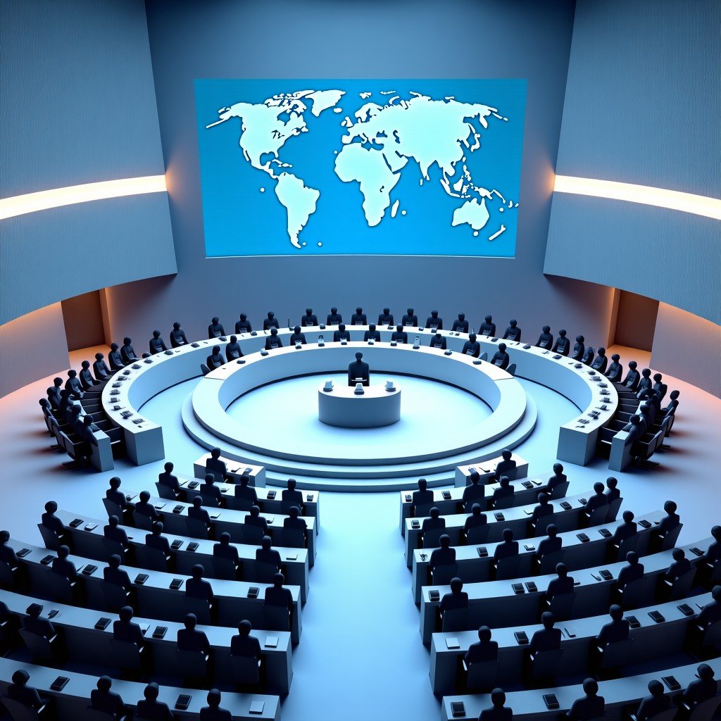 A high-angle view of a modern, futuristic international assembly hall. Representatives from various countries are seated in a circular layout. Large holographic displays show data and maps. Clean architectural lines, blue and white color palette, bright and balanced lighting. 4:3