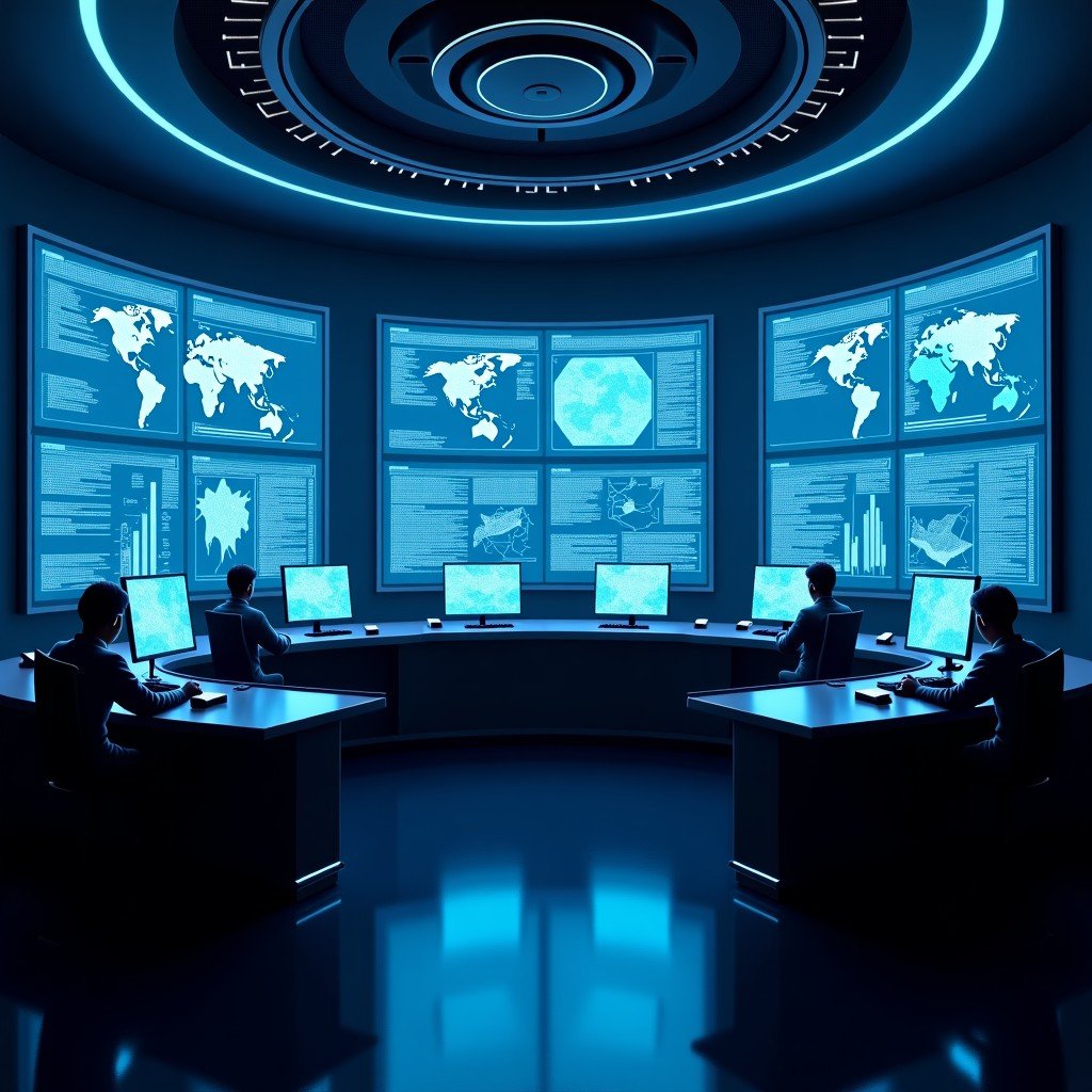 A modern military command center with holographic displays showing complex data analysis and AI integration. Dark blue tones, sharp focus, high technology, 4:3