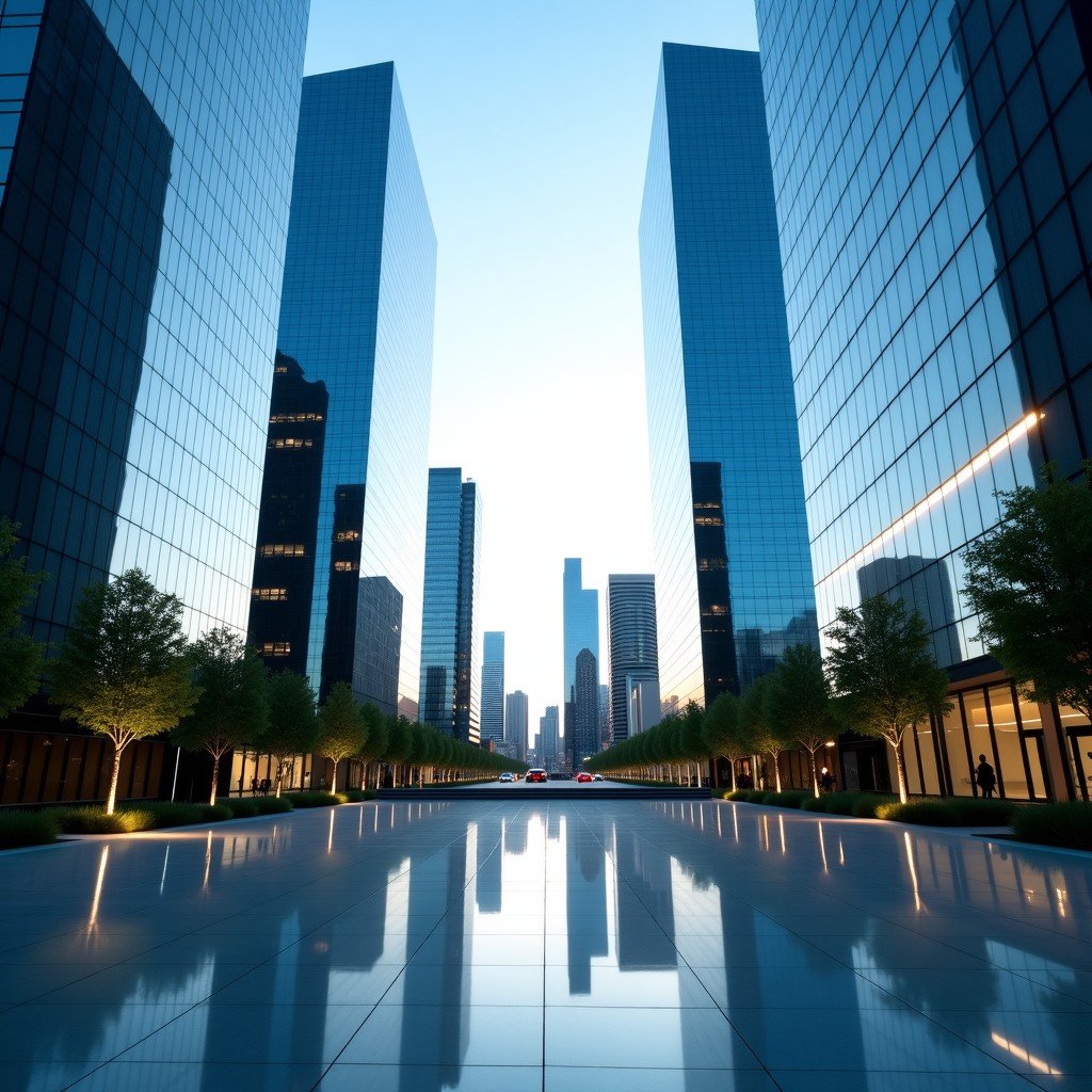 A wide shot of a modern glass skyscraper reflecting a city skyline, representing a major financial institution. In the foreground, a clean and professional corporate environment with a focus on stability and growth. 4:3