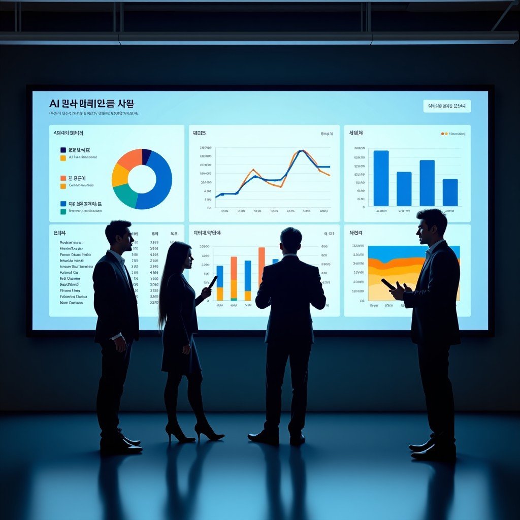 A professional corporate setting with a large wall-mounted screen displaying advanced data visualizations and AI performance metrics, Korean business professionals collaborating naturally, realistic office lighting, 4:3