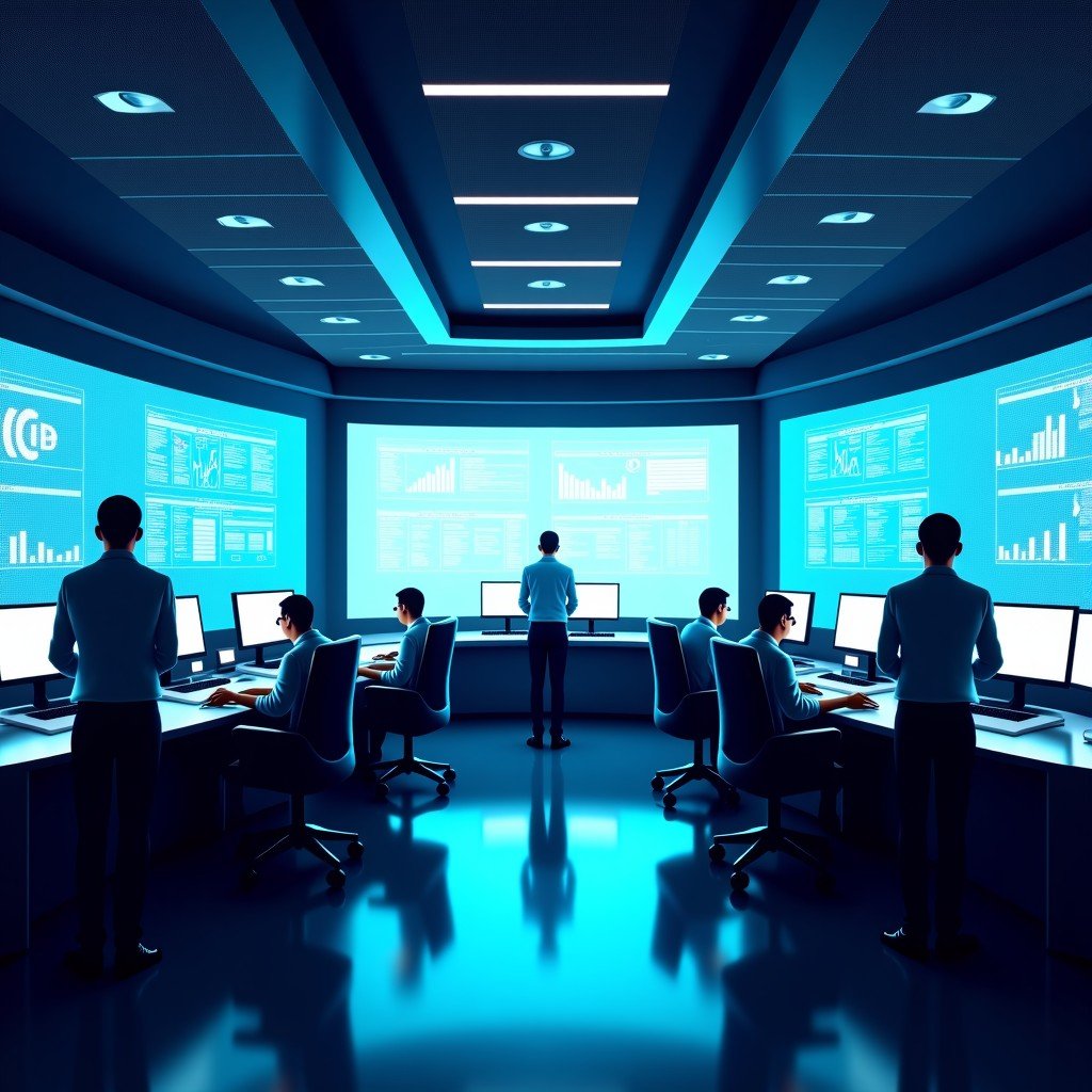 A high-tech command center with large data screens, professional analysts working in a collaborative environment, clean and modern interior design, wide angle view, 4:3