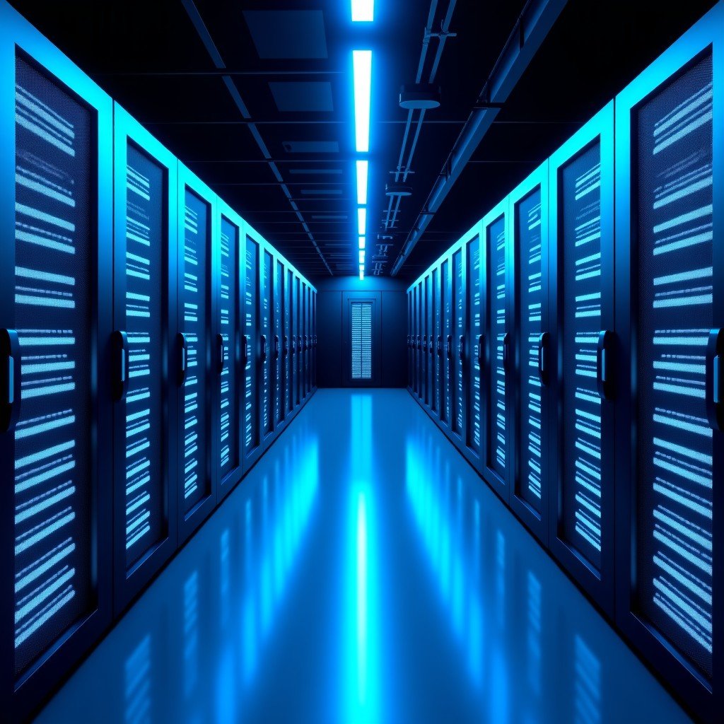 High-tech server room with glowing blue LED lights on server racks, representating AI data center infrastructure, cinematic lighting, 16:9 aspect ratio.