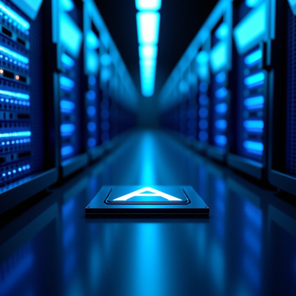 A clean and realistic photo of a modern data center with rows of server racks illuminated by blue LED lights. Close up on a high-tech processor chip with the Alphabet logo inspired design. Professional cinematography and sharp focus. 4:3