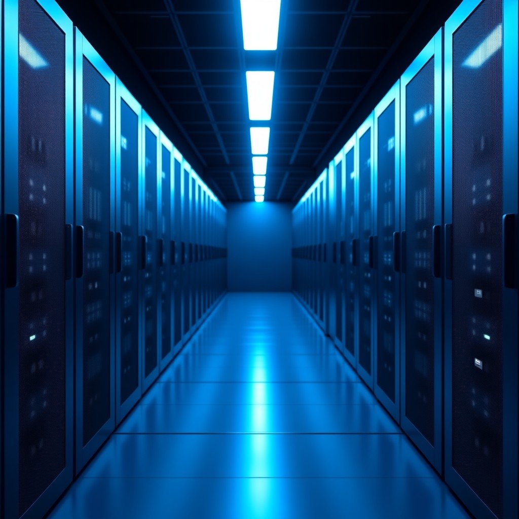 A high-tech server room with blue ambient lighting and rows of data cabinets representing cloud computing and data security. Cinematic lighting 4:3