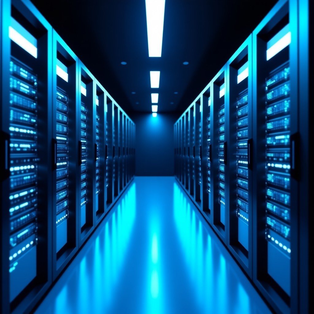 A sleek and clean modern computer server room with glowing blue status lights, representing stable enterprise software infrastructure, high-tech atmosphere, 4:3