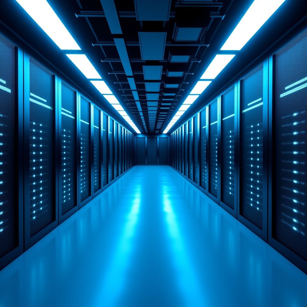 A high-tech interior view of a modern data center with rows of glowing server racks and blue LED lighting. The image conveys scale and advanced cloud computing power. No people, clean and futuristic aesthetic. 4:3