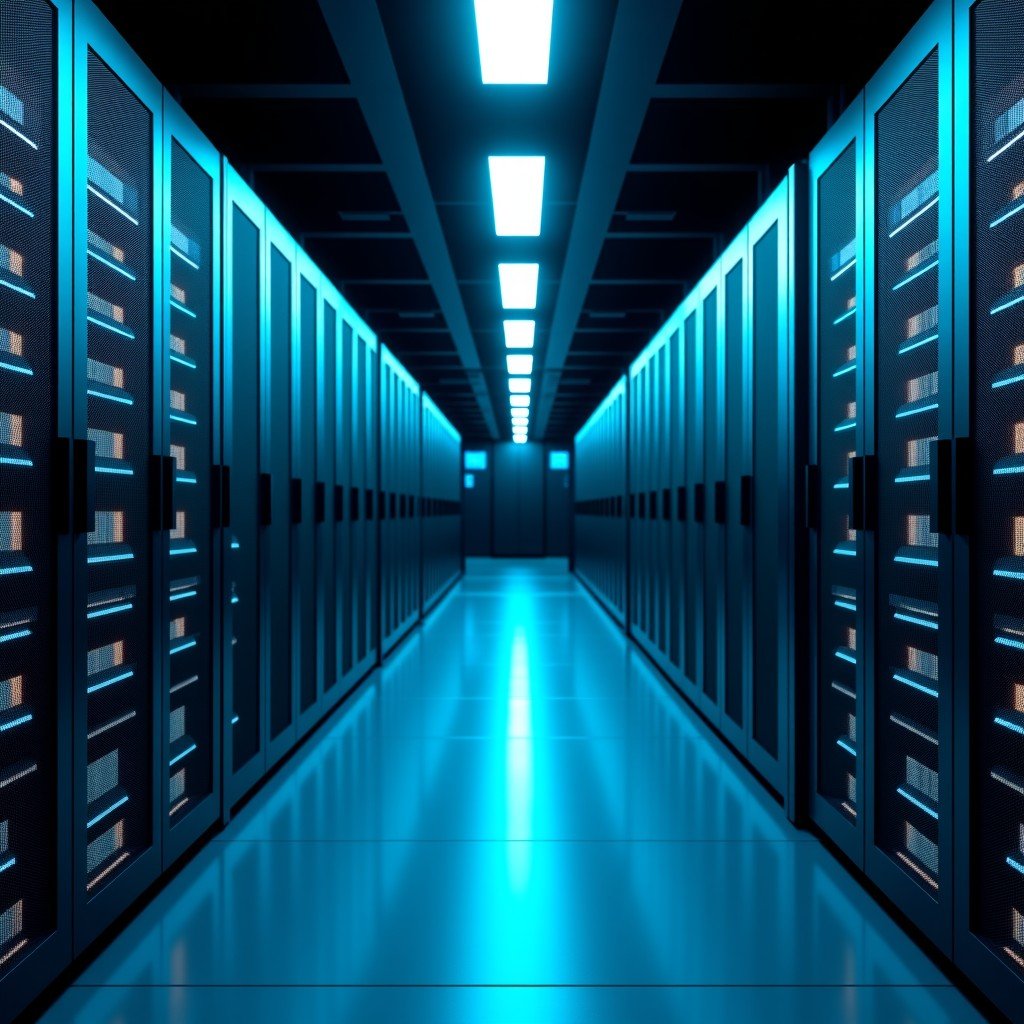 Interior of a high-end modern data center with rows of server racks illuminated by neon blue and green lights, clean perspective, wide angle, 4:3