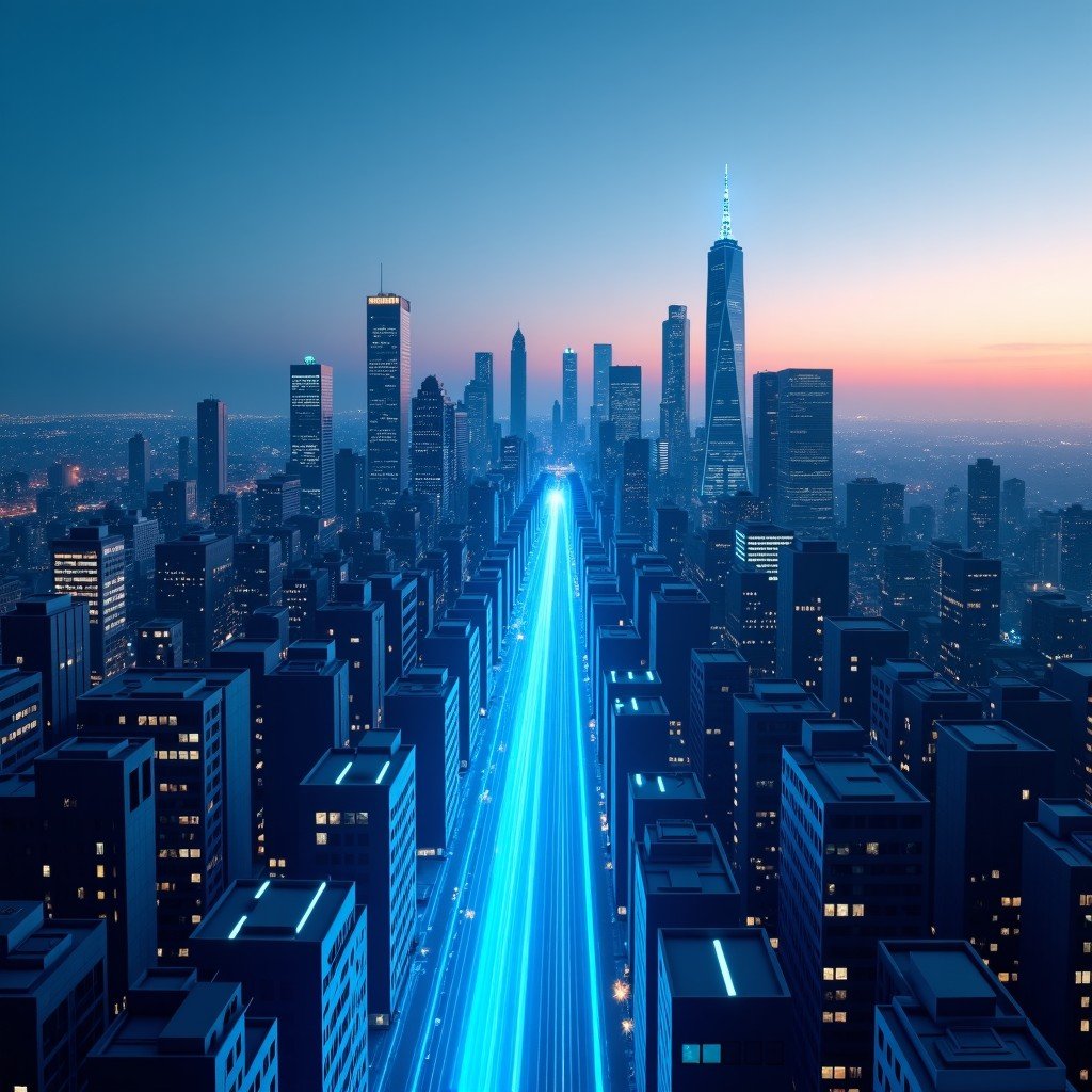 A panoramic view of a modern city skyline at dusk with digital blue data streams flowing between buildings, representing the connection between real estate and technology, high quality, 4:3
