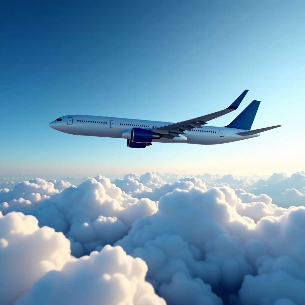 A modern large commercial passenger airplane flying above white clouds in a clear blue sky. High detail, photorealistic, cinematic lighting. 4:3