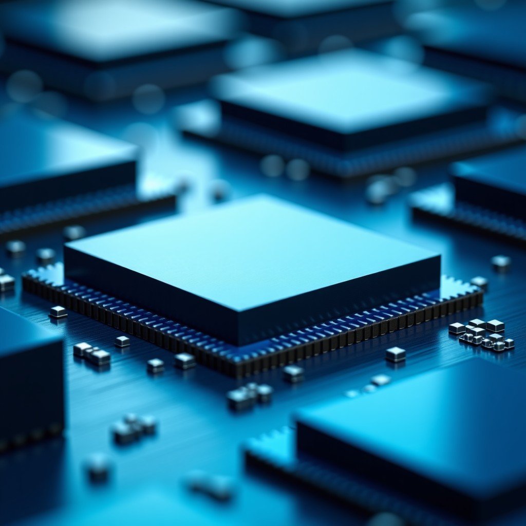 A realistic close-up shot of a sophisticated semiconductor wafer manufacturing process in a clean room facility. Blue and silver metallic tones with professional lighting. No text. 4:3