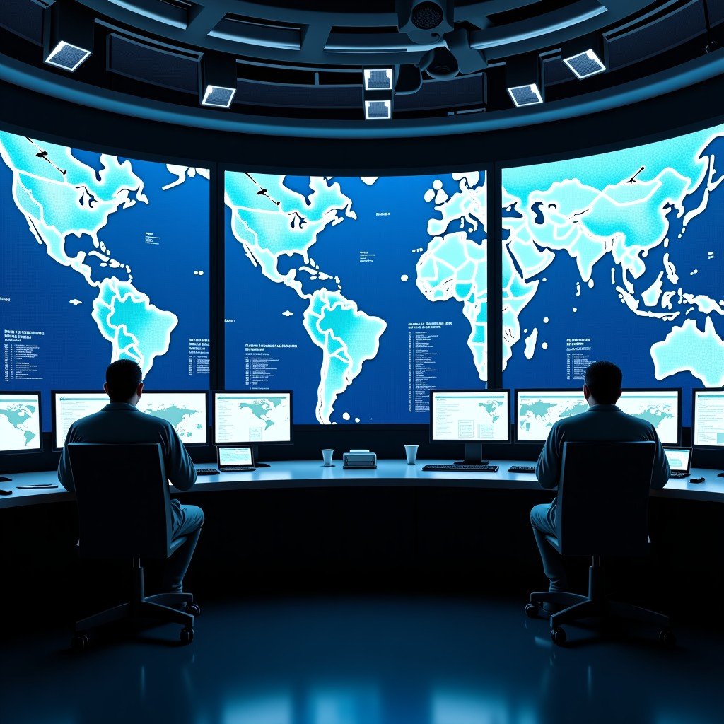 A high-tech military command center with large monitors showing tactical maps and data streams representing modern defense technology. 4:3