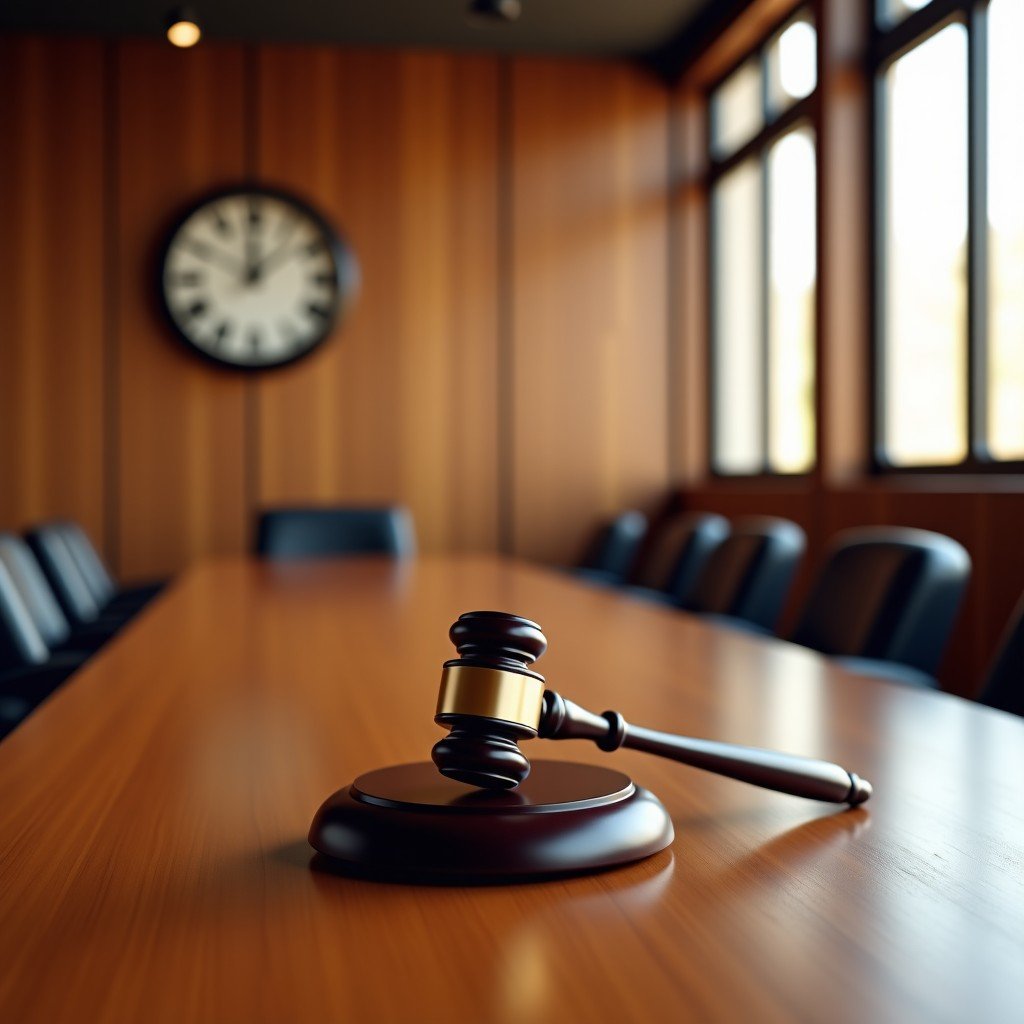 A modern courtroom interior with wooden textures and a gavel on a desk, soft natural light coming through windows, professional and serious atmosphere, realistic photography, 4:3